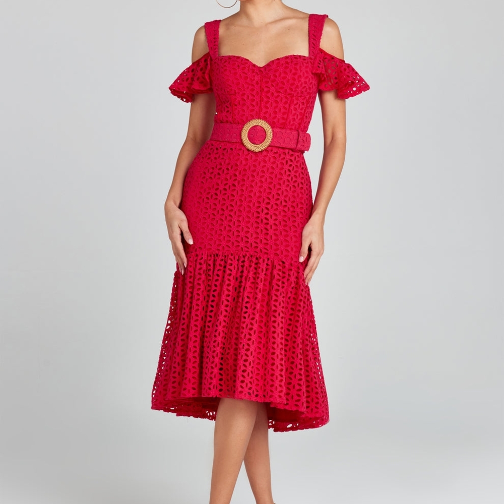 Nadine Merabi Julia Dress Elegant Red Off-Shoulder Dress With Belt